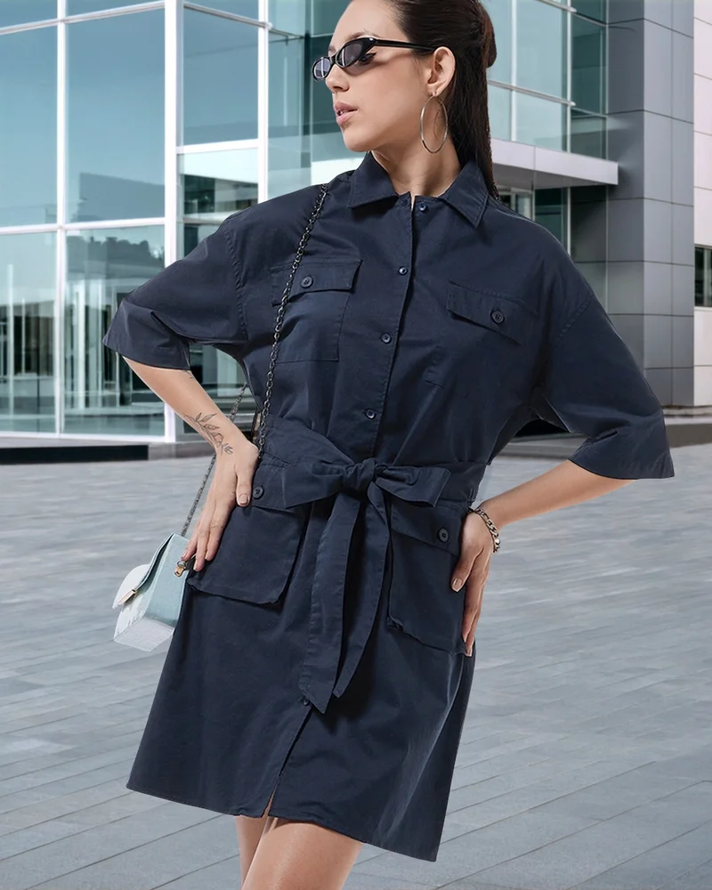 بيواكوف Women's Blue Oversized Shirt Dress